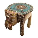 Gall&Zick Elefanten Hocker Beistelltisch Blumenbank Dekotisch Pflanzenständer Mangoholz Handbemalt Orientalisch Indisch Handarbeit Mandala (Teal)