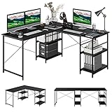 COSTWAY Schreibtisch L-Form, reversibler Eckschreibtisch mit 4 Ablagen, Ecktisch mit 3 Kabellöchern, Gaming Computertisch Bürotisch für Home Office, 151 x 151 x 75 cm (Schwarz)
