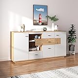 Sweiko Moderner Kommode mit 2Tür und 4 Schubladen, Weiss Sideboard mit Glasböden, Goldene Griffe, Schubladenkommode Holz Mehrzweckschrank für Flur Schlafzimmer Wohnzimmer Badezimmer