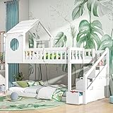 Tyware Hochwertiges Kinderbett Baumhaus aus Kiefernholz - Doppelbett, Hausform, Leiterschrank - 90 x 200 cm, ohne Matratze - Weiß