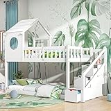 FEZTOY Baumhaus Kinderbett 90 x 200 mit 3 Treppe & Schubladen, Hochbett für 2 Kinder mit Rausfallschutz,Etagenbett,Massivholz Funktionsbett,Jugendbett,Hausbett,Stockbett, Keine Matratze