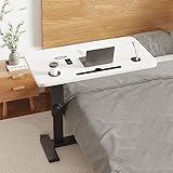 TeMkin Kleiner Tragbarer Schreibtisch mit USB-Anschlüssen Höhenverstellbares Sofa Nachttisch Laptoptisch mit Rädern Mobiler Stehender Beistelltisch für Heimbüro (Color : White+Black)