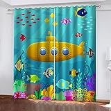 Hundnsney Vorhänge Wohnzimmer Modern Blickdicht 2Er Set 3D Cartoon-U-Boot Muster Schlaufenschal Verdunkelungsvorhang Vorhänge Lärmminderung Gardinen Fensterdekoration 260X280cm(HxB)