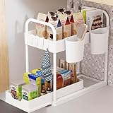 AIXPI Küchen Organizer,2 Etagen Unter Waschbecken Regal mit 4 Haken und 2 Tasse, Mehrzweck Gewürzregal Spülschrank Organizer Putzmittel Organizer für Badezimmer Küche (Weiß)