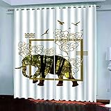SATUSA Vorhänge Wohnzimmer Blickdicht Gardinen Verdunkelungsvorhang Schlafzimmer Kinderzimmer Thermovorhang Fensterdekoration 3D Goldener Tierelefant Muster Ösenschal 2Er Set 200X160Cm
