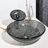 Waschbecken Waschbecken Badezimmer Waschbecken Schwarz Kunst Waschbecken Handmalerei Gehärtetes Glas Gefäß Waschbecken mit Wasserfall Öl Eingerieben Bronze Wasserhahn
