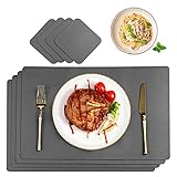 CHONLY Platzsets Abwischbar PU Kunstleder Grau Tischsets 4er Sets Wasserdicht Platzdecken Lederoptik 45x30cm und 4er Glasuntersetzer Geschenke Kiste für Hause Küche Restaurant und Hotel