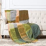 HOORDRY Doppelseitig Chenille gewebte tagesdecke einzelbett,Kuscheldecke mit Fransen,bettüberwurf sofaüberwurf Couchdecke Sesseldecke strickdecke für Fernsehen oder Nap auf dem Stuhl,Grün,150x190CM