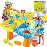 VATOS 4 IN 1 Sand Wasserspieltisch, 25PCS matschtisch Strandtisch für Kinder, Outdoor-Aktivitäten sensorischer Spieltisch Spielzeug für Toddlers Sommer Strand Waschbecken garten Hinterhof Teich Dusche