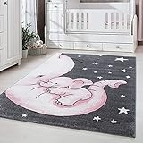 Kinderteppich niedliches Elefant Muster, Rechteckig, Pflegeleicht, Teppiche für Kinderzimmer, Babyzimmer oder Spielzimmer, Größe:80 x 150 cm, Farbe: Grau-Pink