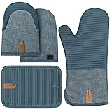 BONTHEE Ofenhandschuhe Hitzebeständige Topflappen Set Mini-Ofenhandschuhe Topfhandschuhe mit Anti-Rutsch Silikon Gestreift kochhandschuhe für Kochen Backen - 4er Set - Blau