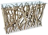 KMH Konsolentisch *Drift* aus massiven Teakholzzweigen 120 x 40 cm - Anrichte Sideboard mit Glasplatte - Kommode (#400160)