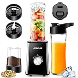 KITCANIS 3-in-1 Mixer Smoothie Maker, 600W Mini Standmixer Blender elektrisch, 3 einstellbare Geschwindigkeiten, 2 x 600 ml Tragbare Flasche und 300 ml Mahlbecher für Ice, Obst, Gemüse, Nüsse