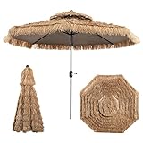 KOMFOTTEU 3m Hawaii Sonnenschirm, Bastschirm knickbar, Strohschirm Sonnenschutz, Strandschirm mit Doppeldach, Terrassenschirm Marktschirm für Garten, Balkon, Strand
