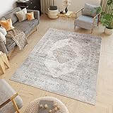TAPISO Valley Teppich Kurzflor Grau Vintage Ornamental Rosette Used Effekt Wohnzimmer Schlafzimmer 200 x 300 cm
