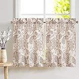 TOPICK Scheibengardine Leinen Vorhang Blumen Bedruckt Bistrogardine Halb Transparent Gardine Schals Scheibengardinen Fensterschal für Küche Wohnzimmer Landhaus 2er-Set 65B x 60H (cm) Braun auf Beige