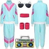 80er Jahre Kostüm Trainingsanzug Pop Art für Retro Stil Bad Geschmack Party Assi Anzug Proll Anzug Assi Jahre 80er 90er Jahre Outfit Kleidung Accessoires für Damen Herren Jogginganzug Blau G041XXL