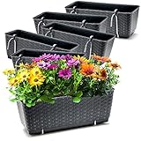 BigDean 6er Set Blumenkästen für Balkon-Geländer - Rattan-Optik - Anthrazit - Balkonkästen mit Metall-Halterung - 39 x 15,5 x 14 cm - inkl. Bewässerungssystem