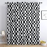 THYUNQ Vorhänge Schwarz Weiß Kariert Motiv, Vorhang Blickdicht Verdunklungsvorhänge mit Ösen - Gardinen Wohnzimmer Schlafzimmer Fenster, 2er Set Curtains, H 200 x B 140 cm