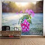 Wand Teppich Gothic, Tapisserie Wandbehang Grün Rosa Polyester Blumen auf Gras Wandbehang 210x140cm (83' x 55') Moderne Wanddeko Geschenk