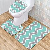 IUBBKI Badezimmermatte, rutschfeste Badematte, Aquablau, Grau, Chevron-Druckmuster, Mädchen, Badematten-Set, 3-teilig, saugfähig, rutschfest, Badematte, WC-Vorleger, Badteppich für Badezimmer, Bett