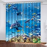 Gardinen Kinderzimmer Blickdichter Vorhang 200X214Cm 2 Stücke 3D Blauer Tierdelfin Muster Verdunklungsvorhänge Schlafzimmer Wohnzimmer Dekoration Ösenschal Kinder Thermovorhang