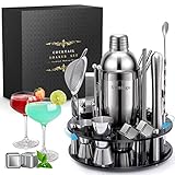 34 Teiliges Cocktail Set Shaker mit 360° Drehbarem Acryl Ständer | 750ML Cocktail Shaker mit 4 Whiskey Steine Edelstahl Geschenkset | Cocktailshaker Cocktail Bar Set Cocktailset Cocktails Mixer