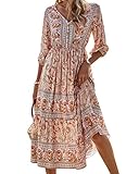 Onsoyours Maxikleider Damen Blumen Kleider Boho Sommerkleid Lang Sommerrock Strandkleid V-Ausschnitt Kleid H Aprikose M