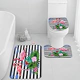 Flamingo Badematte Rutschfest für Badezimmer Schwarze Weiße Streifen Badematten Set 3-Teiligs Weich Memory Foam Badteppich Saugfähige Duschvorleger Badewanne Badvorleger mit WC Vorleger 50x80cm