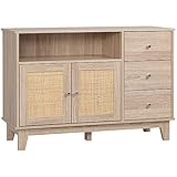 HOMCOM Küchenschrank Rattandesign Sideboard mit 1 Schrank und 3 Schubladen Aufbewahrungsschrank mit verstellbare Ablage Beistellschrank für Küche Esszimmer Spanplatte Natur 110 x 40 x 76 cm