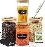 G&K Kitchenware ® Vorratsgläser mit Deckel Eckig - 4er Set mit 2,5l / 1,4l / 1l - mit Stift & Etiketten - Gläser mit Deckel zur Aufbewahrung - Vorratsdosen Glas Mit Deckel - luftdichtes Vorratsglas