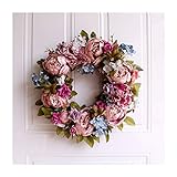 YNGJUEN Künstliche Pfingstrose Kranz Wanddekoration Tür Kranz Haustür Hochzeit Wand Hauptdekoration Frühling Kranz mit grünen Blättern 40cm
