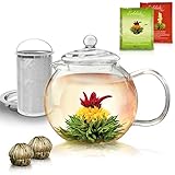 Creano Teekanne aus Glas 1,3l - inklusive 2 Teeblumen - Glasteekanne mit Integriertem Edelstahl-Sieb und Glas-Deckel, tropffrei