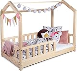 Sanmar Kinderbett Bett Hausbett 120x200 mit Rausfallschutz Latternost Bettgestell aus Kiefer Holz für Haus Kinder Jungen & Mädchen - Holzbett Baby Kinderzimmer Junge Deko (Rausfallschutz: MIT)