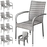 Casaria Polyrattan Gartenstühle 8er Set Stapelbar Höhenverstellbar 120 kg Belastbarkeit Armlehne Garten Balkon Terrasse Stapelstuhl Gartensessel Grau