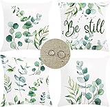 4er Set Grün Leinen Kissenbezug 30x30 Kissenhülle Plant Leaves Doppelseitig Sofakissen Dekokissen Zierkissen Wasserdicht Outdoorkissen für Wohnzimmer Couch Dekokissen Kopfkissenbezug 30x30cm W-7070