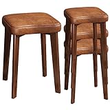 4 Stück Niedrige Quadratische Hocker Stapelbarer Stuhl Restaurant Stools mit Braunem Ölwachsleder, Beine Der Farbe Walnuss Buchenholz, Höhe 45 cm