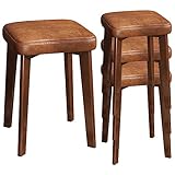 4 Stück Niedrige Quadratische Hocker Stapelbarer Stuhl Restaurant Stools mit Braunem Ölwachsleder, Beine Der Farbe Walnuss Buchenholz, Höhe 45 cm