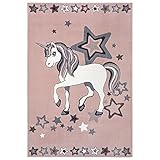 HANSE Home Unicorn Dream Kinderteppich – Kinderzimmerteppich Einhorn Kurzflor Teppich Junge & Mädchen Sterne Design rutschfest für Kinderzimmer, Spielunterlage – Violett, 120x170cm