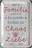 Blechschild - Familie Chaos Liebe - Lieblingsplatz Schild - Geschenk zum Einzug - Richtfest Geschenk - Metallschilder Familienregeln Holzschild Optik - Schilder mit Sprüchen gewölbt 20x30 cm
