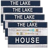 Lake House Platzset Set mit 4 Lodge Cabin Bauernhausstil Outdoor Indoor Platzsets Blau Weiß Holzstreifen Waschbar Durable Tischsets 30,5 x 45,7 cm