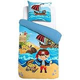 ESPiCO Bettwäsche Sleep and Dream Pirat Meer Schatz Strand Piratenschiff Bunt Kinder Zimmer Motiv Design Renforcé, Größe:135 cm x 200 cm