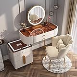 BUJOG Schminktisch-Set, Schminktisch mit Nachttisch, Schminktisch mit verstellbarem LED-Spiegel, visualisierter Schreibtisch, gepolsterter Hocker, Bluetooth-Audio, kabelloses Laden (Farbe: Weiß-B,