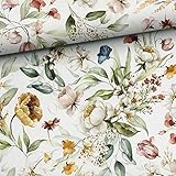 Keine Meterware, Stoffe zum Nähen für Kinder und Damen, 92% Baumwolle: 0,5m leichter Jersey Stoff mit Blumen - Christrosen Schneerosen Tulpen - Mädchen und Damen Blumenstoff