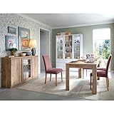 Lomadox Esszimmer Set 5-teilig in weiß und Eiche Nb. | 1 Ausziehtisch 140-180cm, 1 Sideboard mit Beleuchtung, 2 Vitrinenschränke, 1 Regal