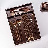 Küchenschubladen-Organizer, Besteckkasten aus Holz, Besteckkasten aus Holz, Küchenschubladeneinsatz, geeignet für die Aufbewahrung kleiner Gegenstände/Küchengeschirr/Zubehör – 5 Gitter, schwarzes Wa