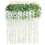 YQing Kunstblumen, künstliche Glyzinien, Heimdekoration, jeder Strang ist 110 cm lang, aus Seide, für Hochzeiten, zu Hause, Garten, Party, 12 Stück, weiß