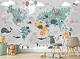 Weltkarte mit Tieren Wandbild Kinder Tapete Cartoon Kontinent Ozean Geographie B 366cm x H 254cm Wanddeko Bild Riesen Papier Poster Kinder Schlafzimmer