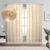 choicehot Beige Retro Hohle Blickdicht Scheibengardine Wohnzimmer Gardine Häkeln Baumwolle und Leinen Vorhänge mit Fransen Landhausstil Schlafzimmer Boho, 175 x 255 cm(B x H) 1 Stück