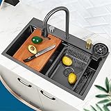 ANSNOW Wasserfall-Küchenspüle, 304-Edelstahl-Küchenspüle, Einzelbecken Mit Tassenspüler, Arbeitsstationsspüle, 27 X 18 Zoll, Schwarz, C-6846/Schwarz, Golden/C-7546